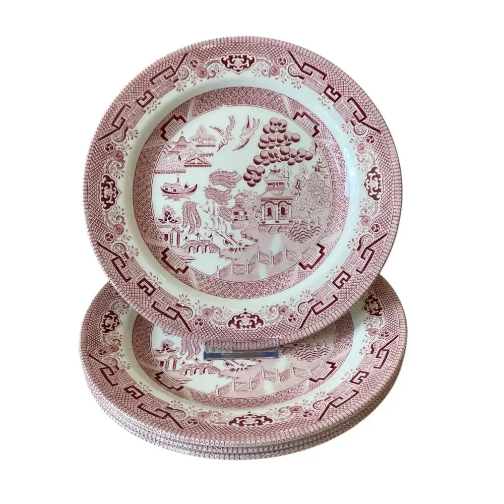 Queen's England WILLOW ROSA Porcelain Dinner Plates 10in Red White Set of 4 New